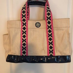 Tory Burch Navy Pink Linen and Patent tote